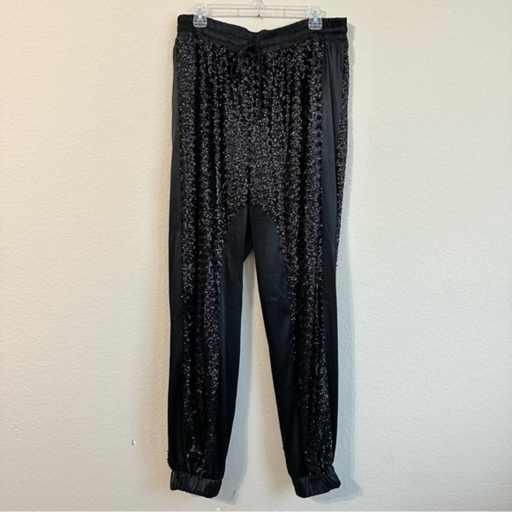 Monif C. Pants Black Sequins Joggers Satin Track Drawstring Plus Size NWT